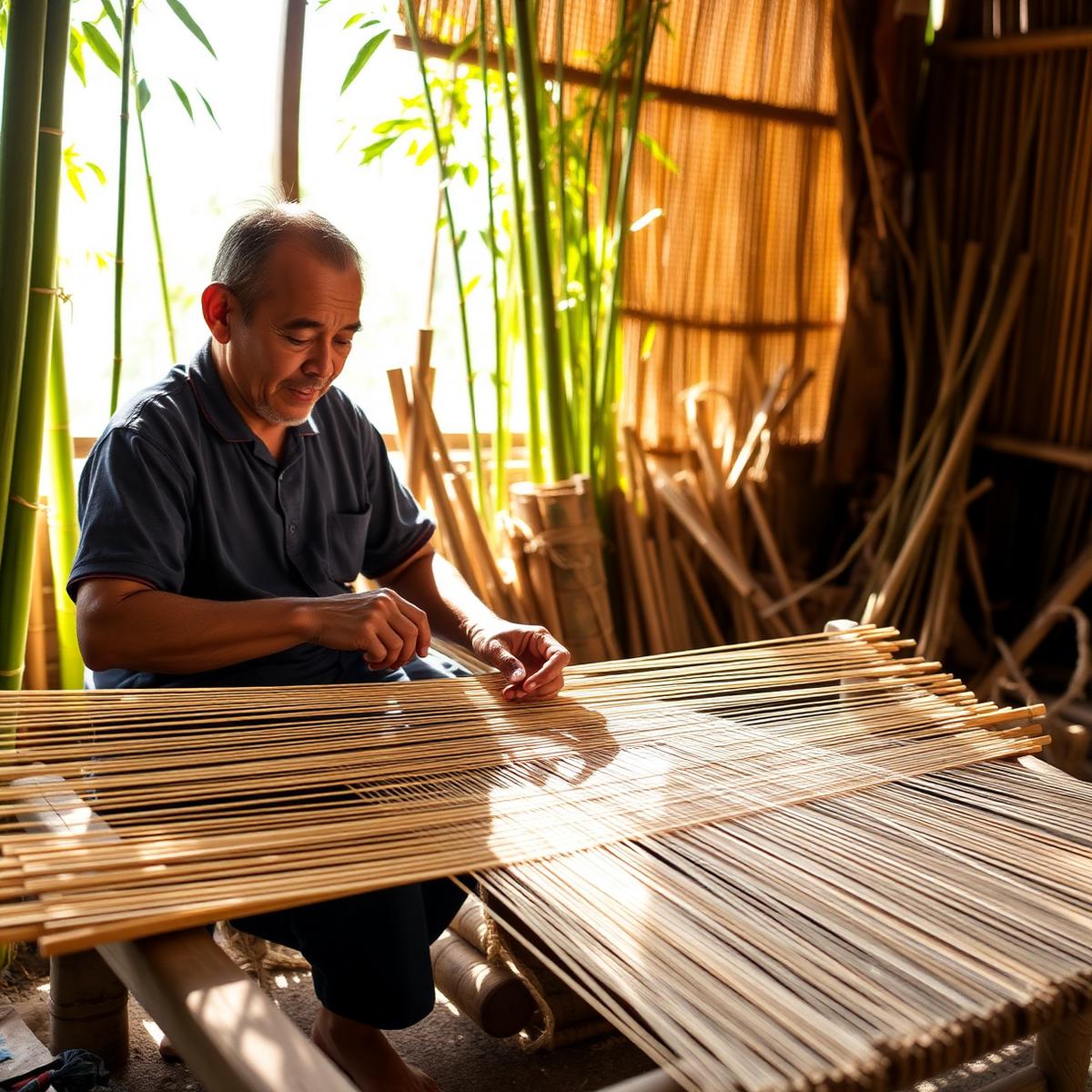 Artisan weaving bamboo strips in a sunlit workshop